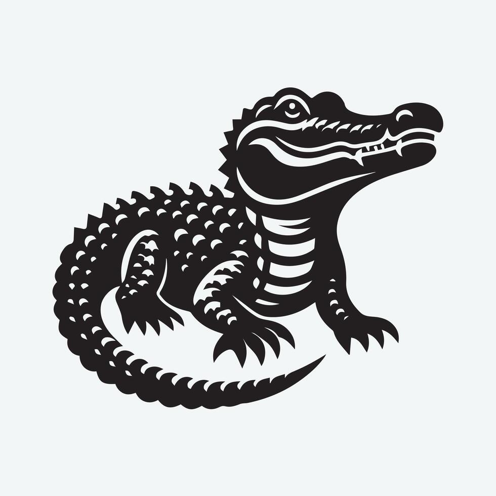 A bold, black silhouette of an alligator with an open mouth, showcasing its powerful jaws and sharp teeth. vector