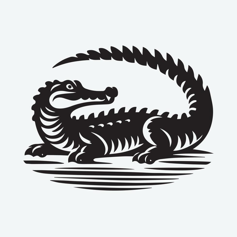 A striking black and white graphic of a crocodile with its mouth open, positioned in a tranquil aquatic setting. vector