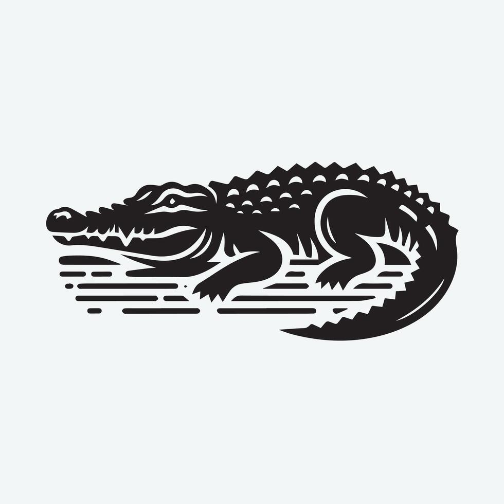 A stylized, black and white graphic illustration of a crocodile resting on a tropical beach at night. vector