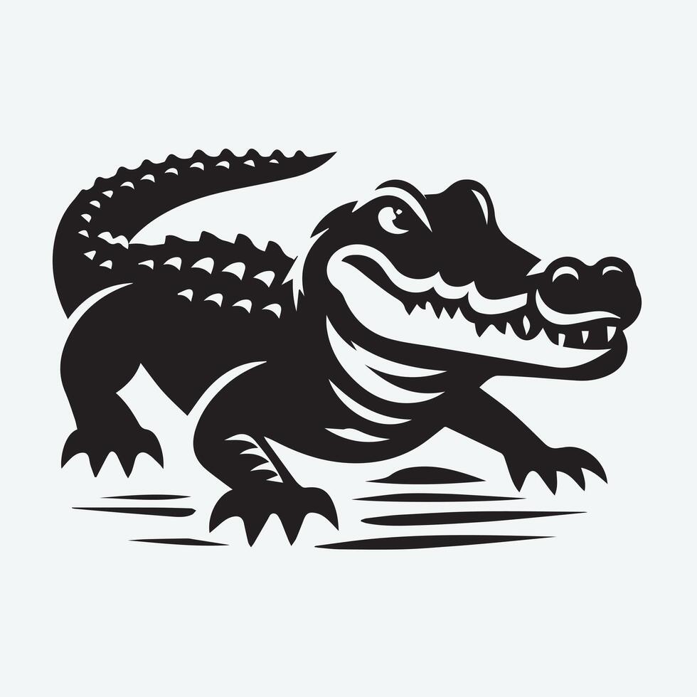A dynamic, stylized black and white illustration of a small alligator in motion. vector