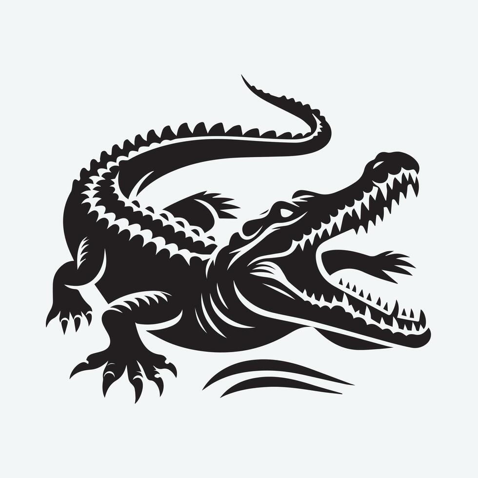 A bold, black and white silhouette of a crocodile resting on a tropical island. vector