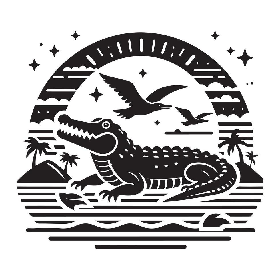Bold black and white illustration of a playful alligator. vector