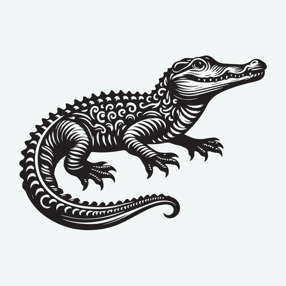 A bold, graphic silhouette of a crocodile, rendered in classic black and white. vector