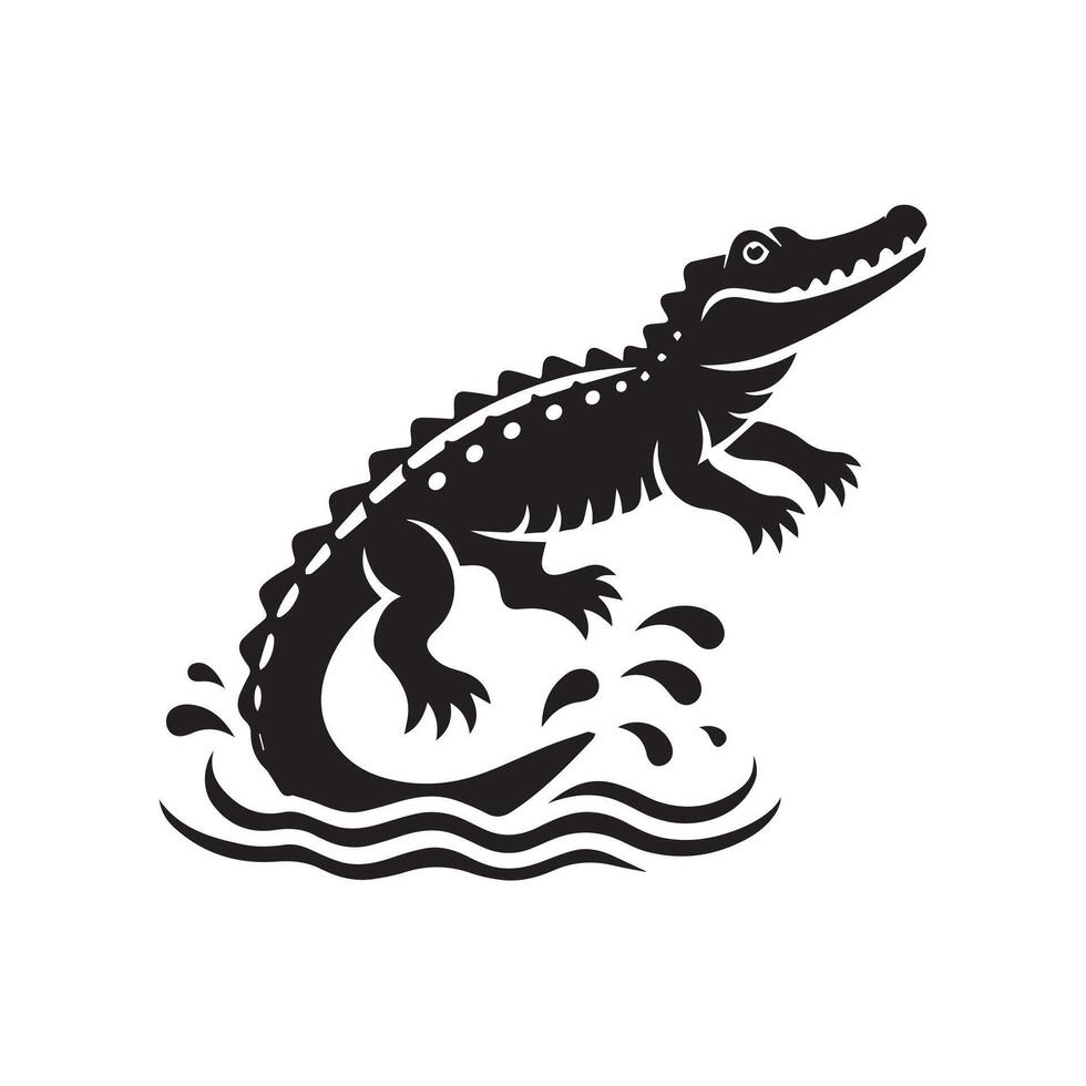 A striking, black-and-white silhouette of a crocodile, rendered in a graphic design style. vector