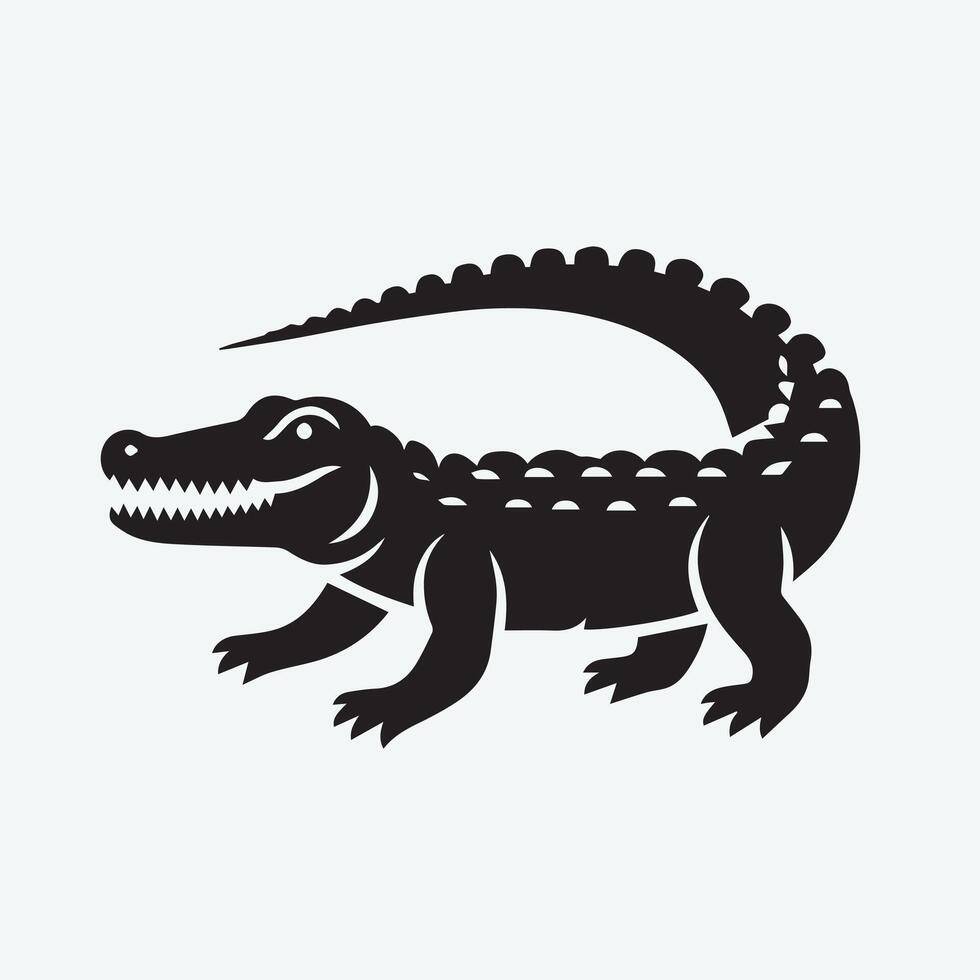 A striking, black and white silhouette of a crocodile, showcasing its powerful form. vector