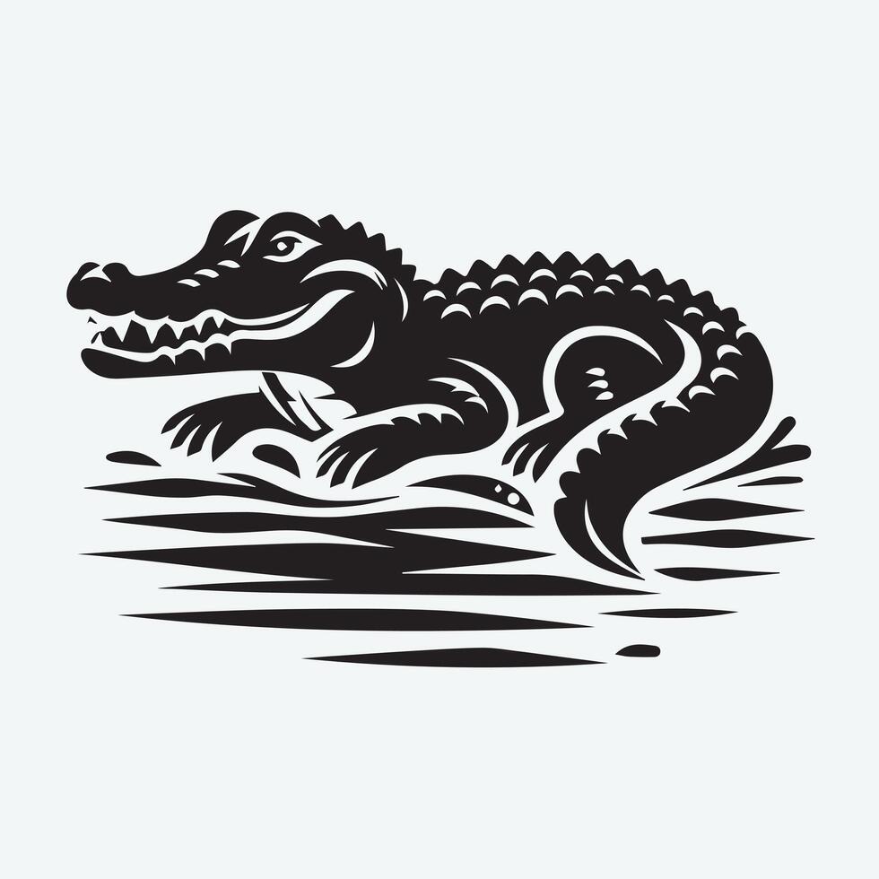 A stylized, black and white silhouette of an alligator, positioned in a semi-circular composition, rests on a stylized wavy water background. vector
