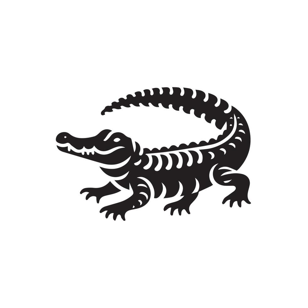 A striking, black and white, illustration of an alligator in profile view. vector
