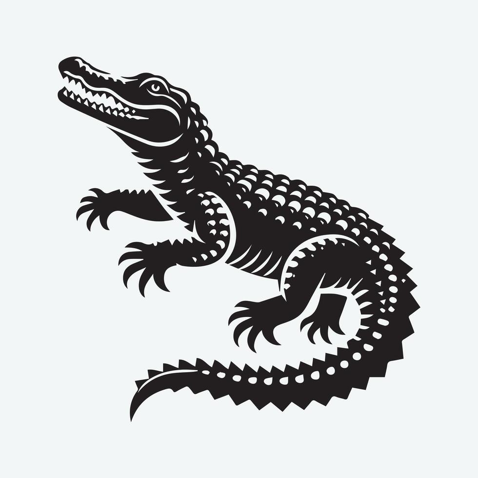 A stylized, black and white graphic of a crocodile on a tropical island at night. vector