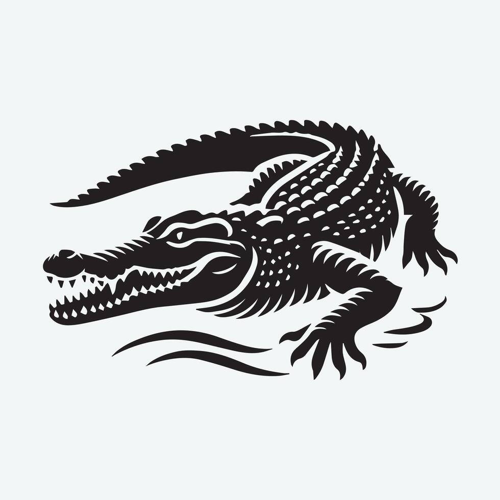 A bold, black and white graphic of a crocodile positioned on the edge of a tranquil wetland. vector