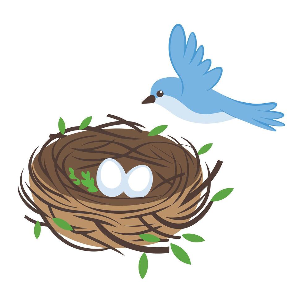 Bird Flying to Nest with Three Eggs vector