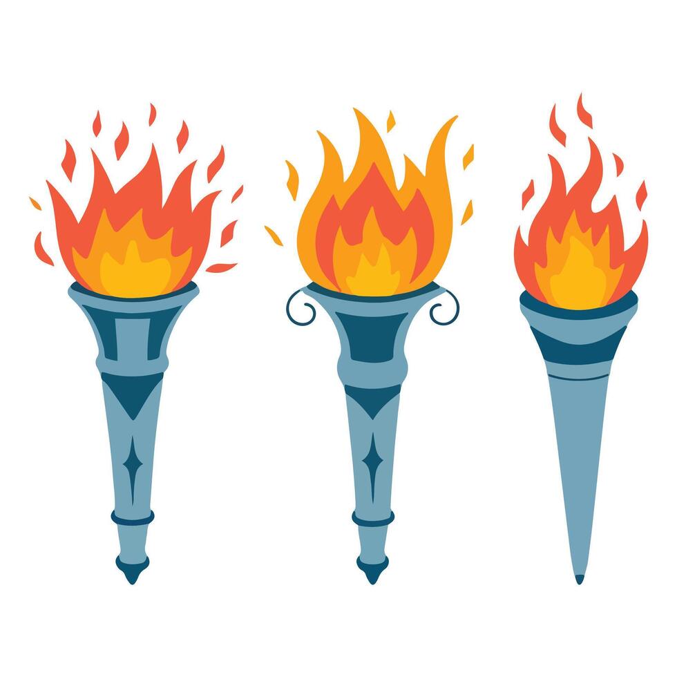 Flaming Torches Set Cartoon Torch with Flame, Burning Fire for Sports, Competitions vector