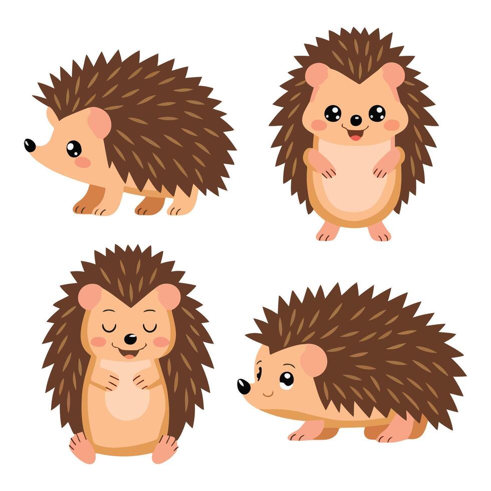 Cute Hedgehog Set in Various Poses Prickly Cartoon Character vector