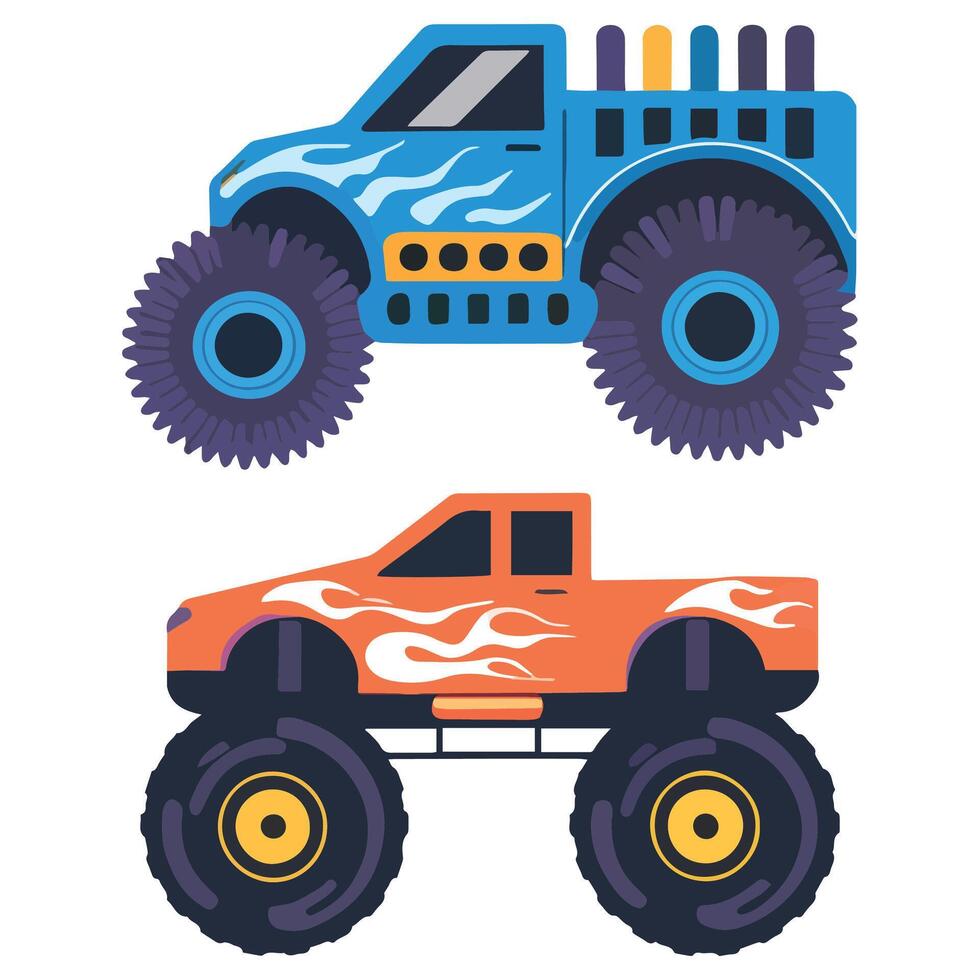 Monster Trucks Heavy Cars with Large Tires and Tinted Windows vector