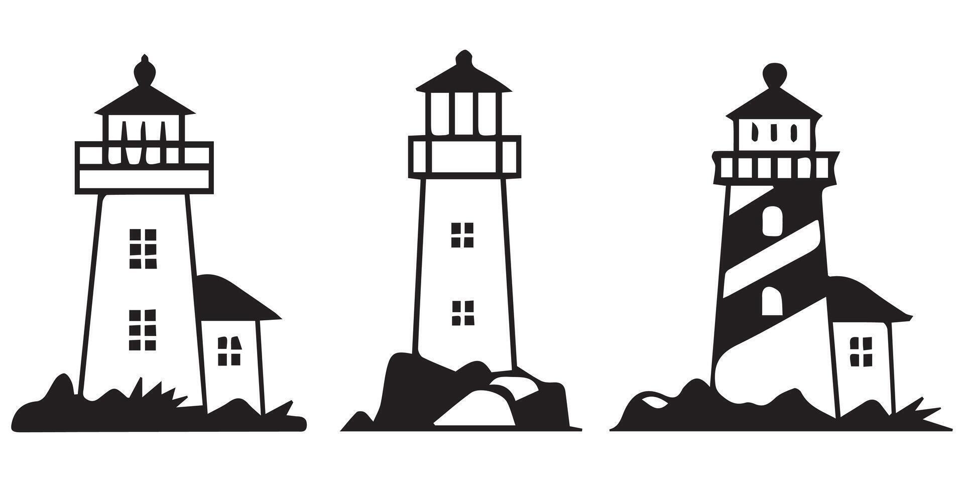 Lighthouse Silhouette Icons Set Black Beacon Light and Nautical Marine Illustration vector