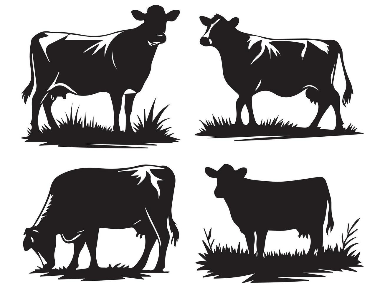 Cow Silhouettes in Different Poses Grazing vector