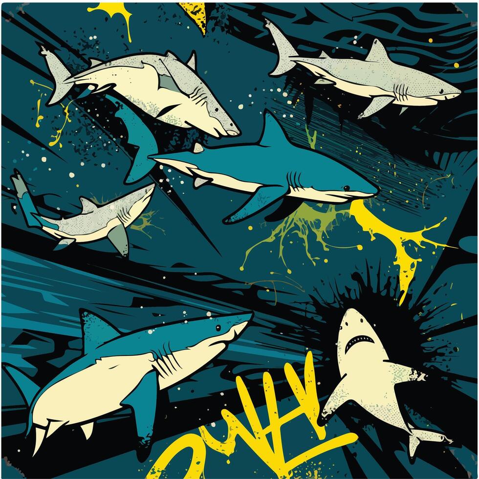 Colorful Underwater Sharks Seamless Pattern Fun and Trendy vector