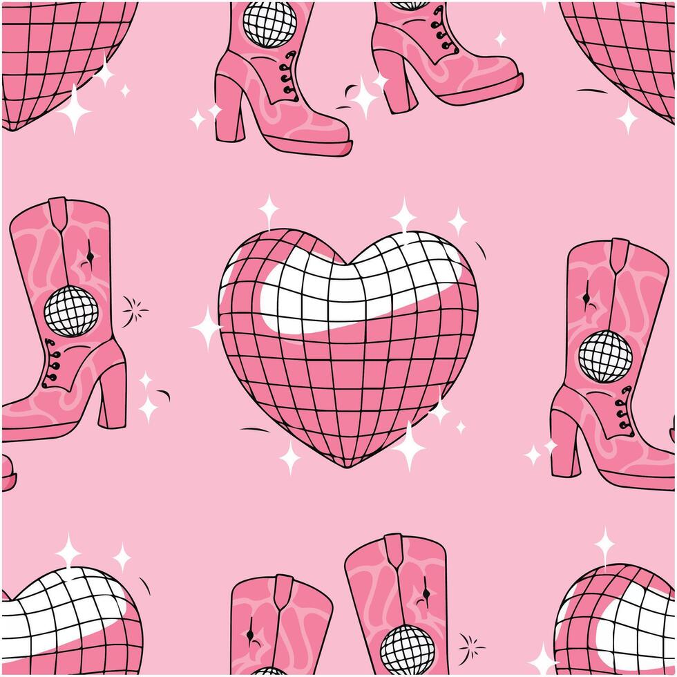 Seamless Pattern with Heart Disco Ball and Cowboy Boots Holiday Style vector