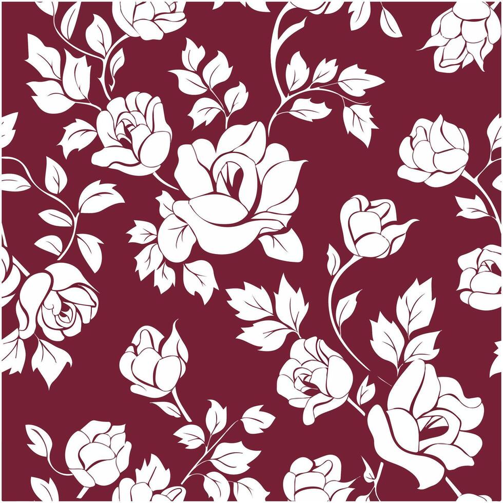 Seamless Vintage Rose and Leaf Silhouette Pattern on Red vector