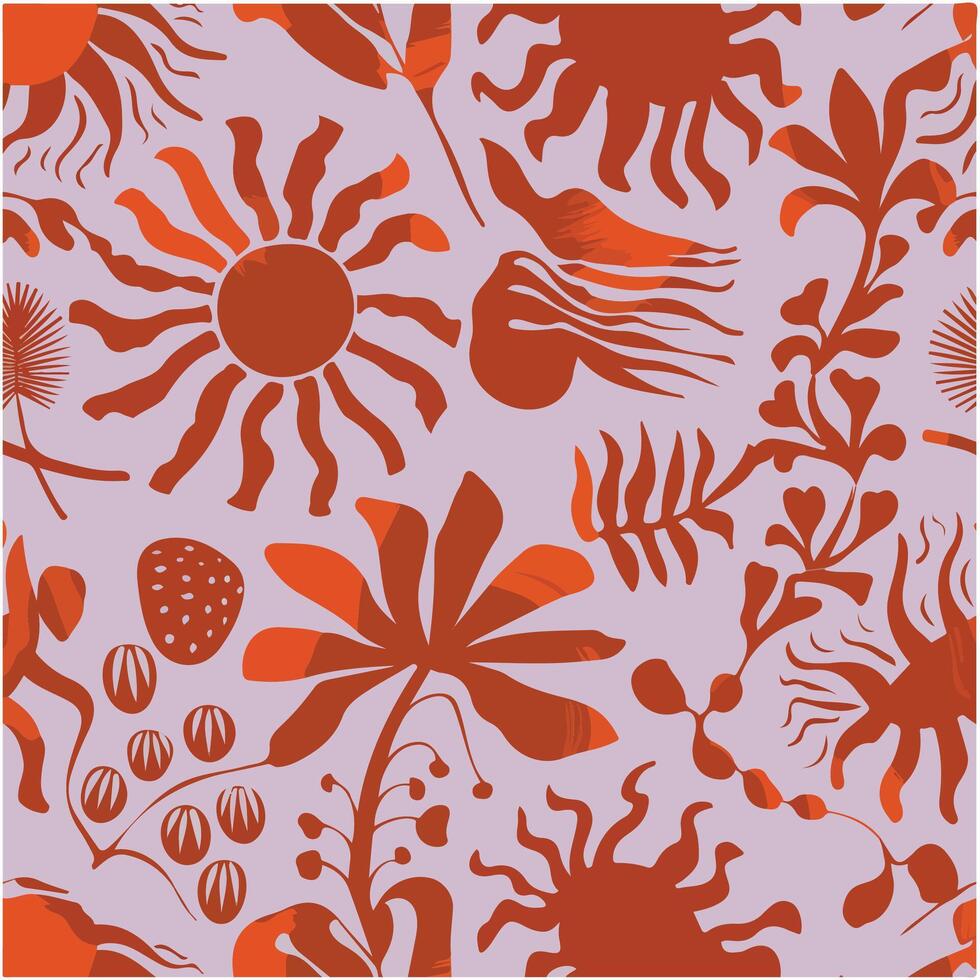 Seamless Abstract Pattern with Sun, Palm Trees and Leaves vector