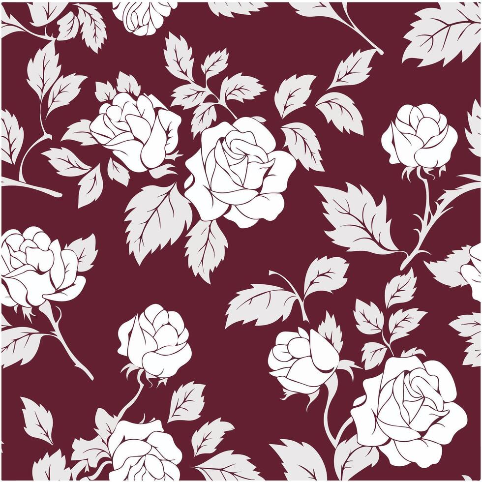 Seamless Vintage Rose Pattern with Decorative Leaves on Red Background vector