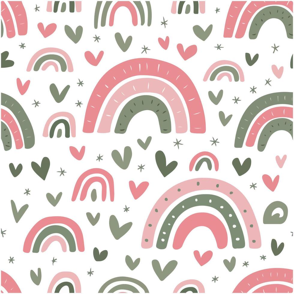 Seamless Pattern with Cute Rainbows, Stars, and Hearts vector