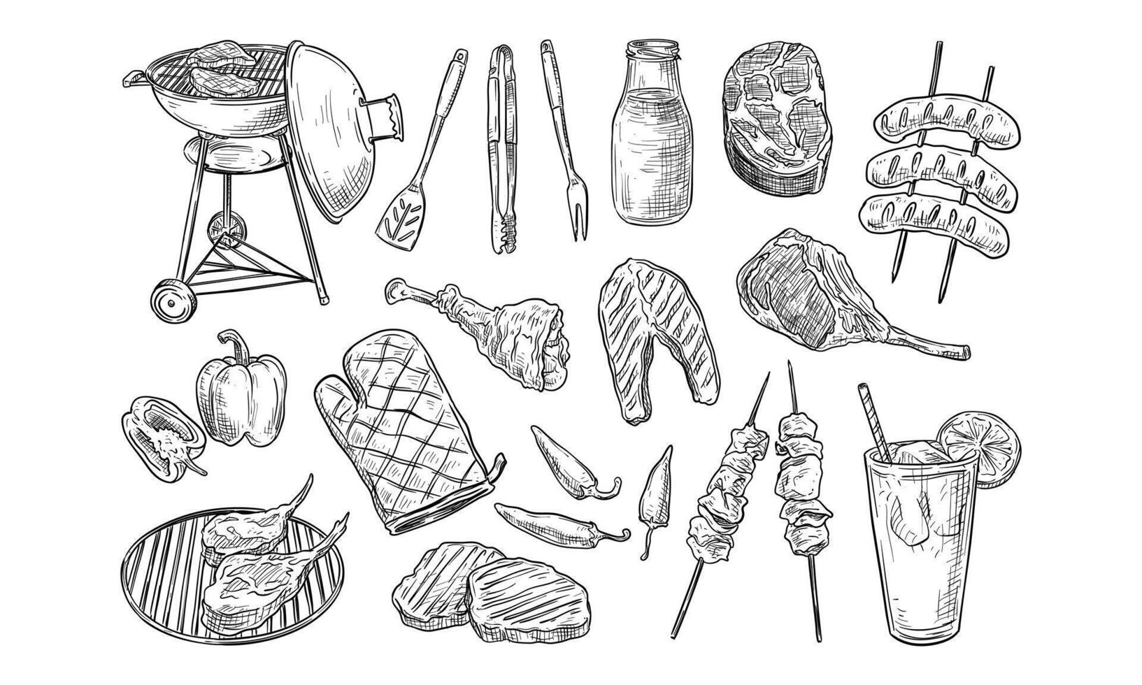 barbeque grill handdrawn collection vector