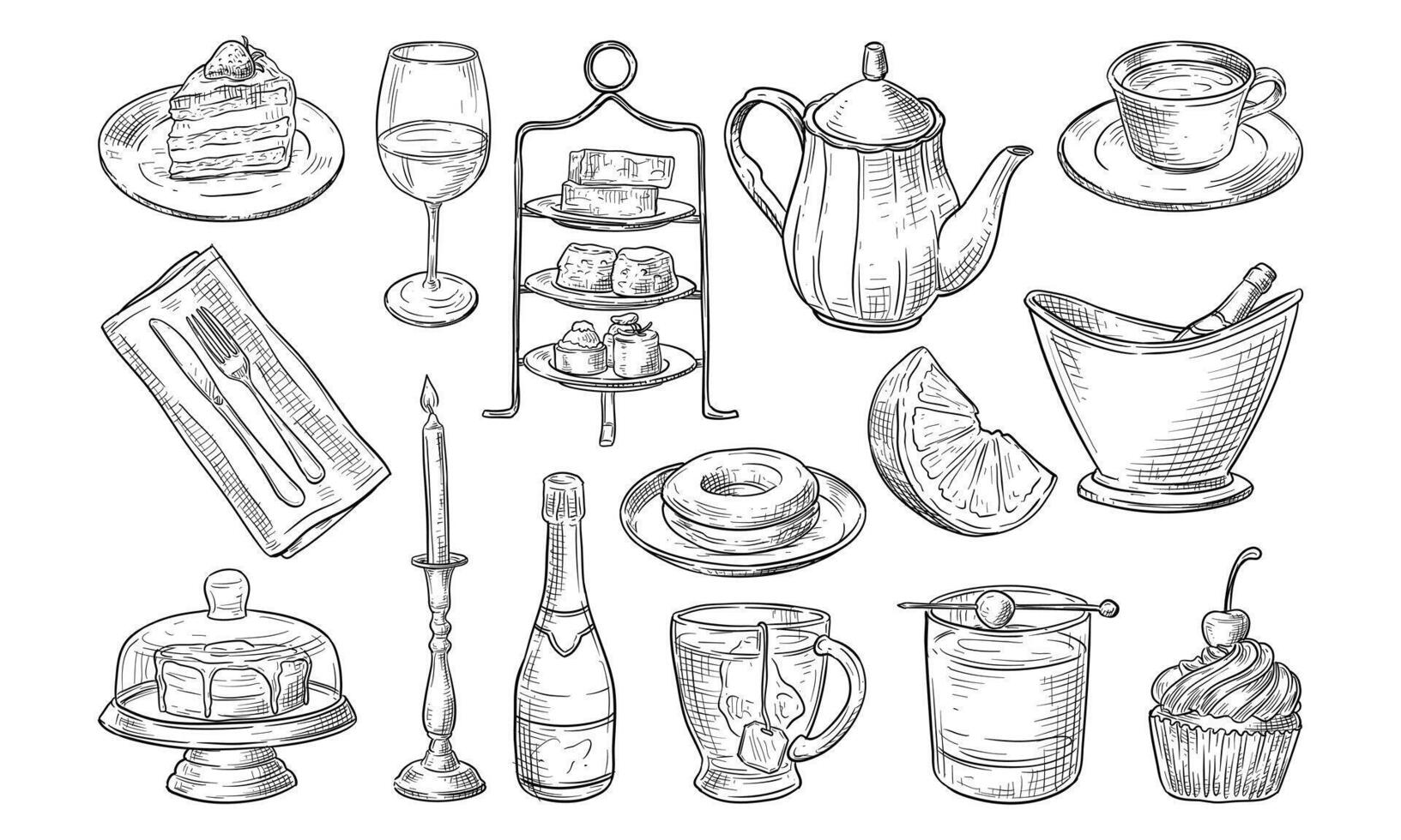 Elegant Sparkling Afternoon Tea Handdrawn Collection vector
