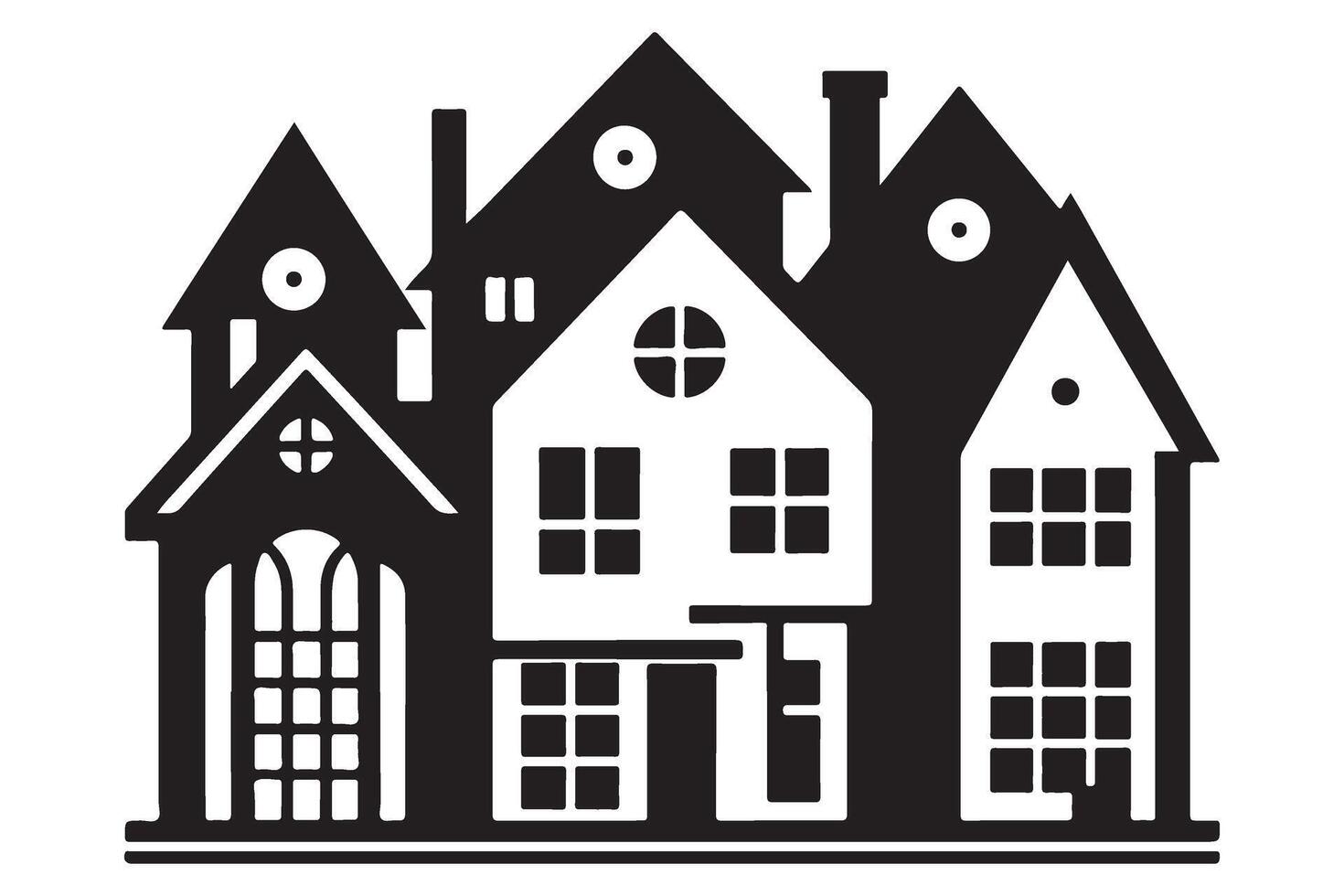 Cluster of stylized houses black and white illustration vector