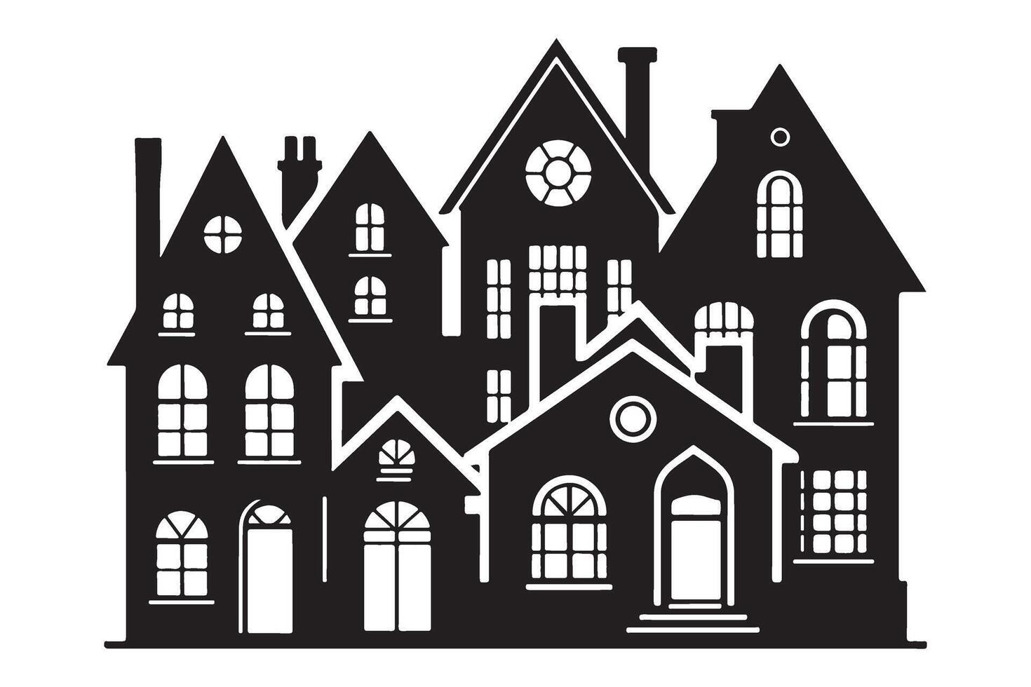 Silhouette Charming Houses Illustration Black Village Scene vector