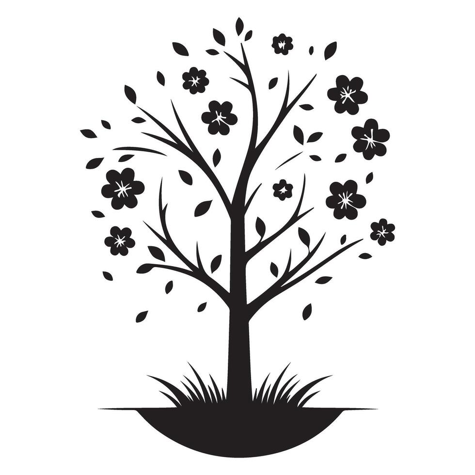 Flowering tree silhouette art spring illustration design element vector
