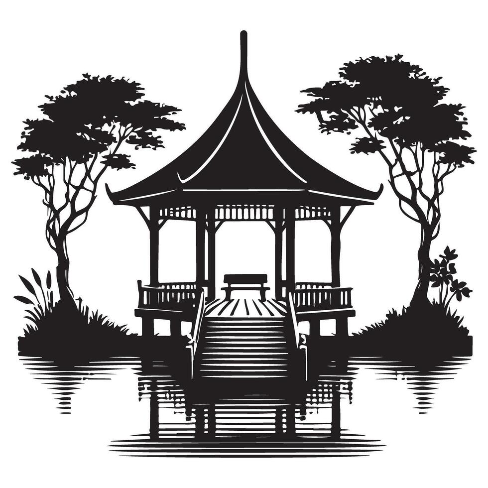 Gazebo Silhouette Art A Serene Lakeside Retreat Design vector