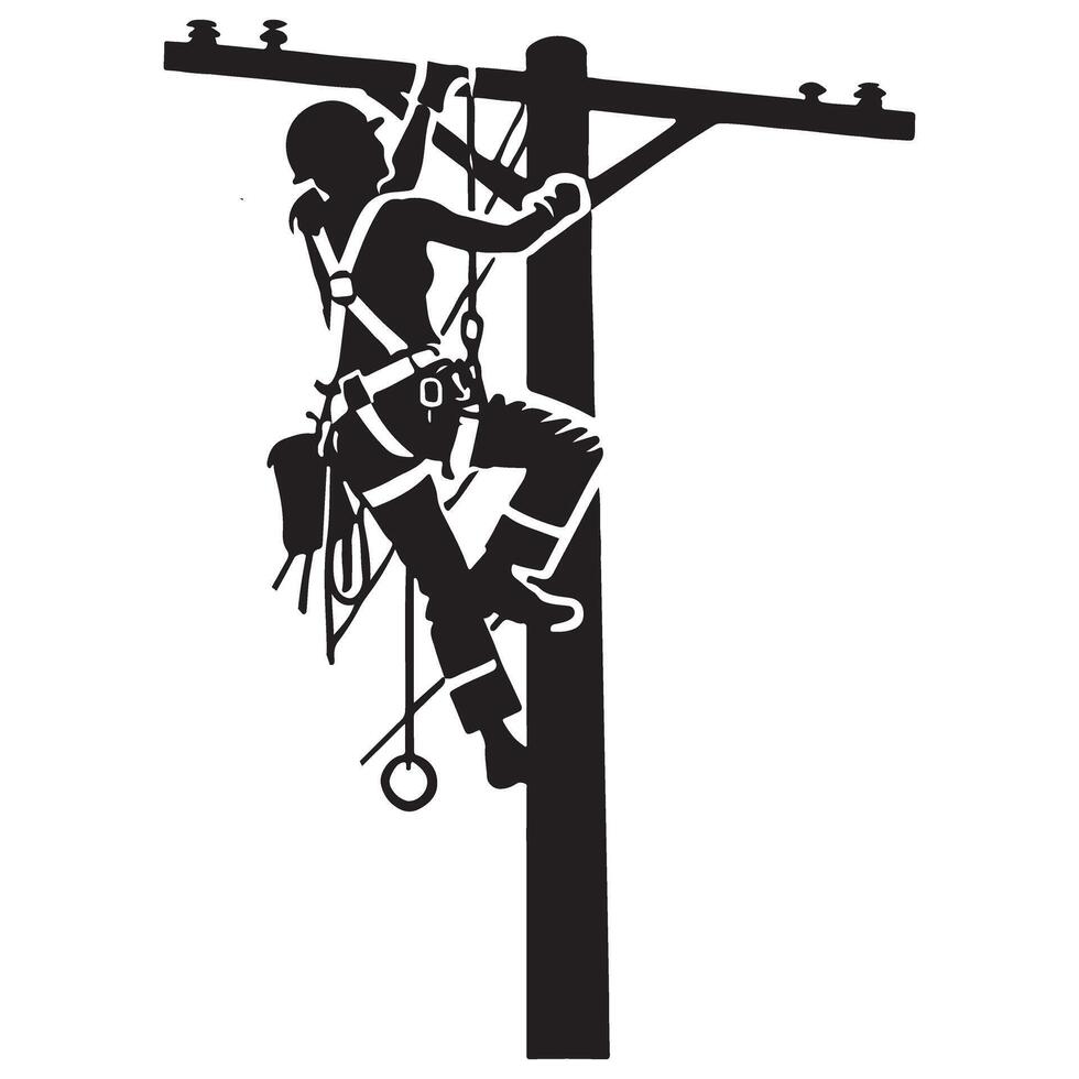 Silhouette Illustration Of An Electrician Climbing a Utility Pole vector