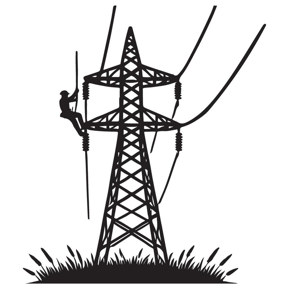 Silhouette Electrician Working on Power Tower Illustration vector