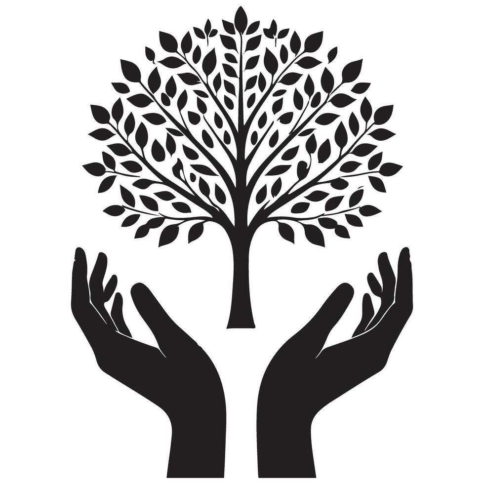 Protecting Tree Silhouette with Hands Conservation Design vector