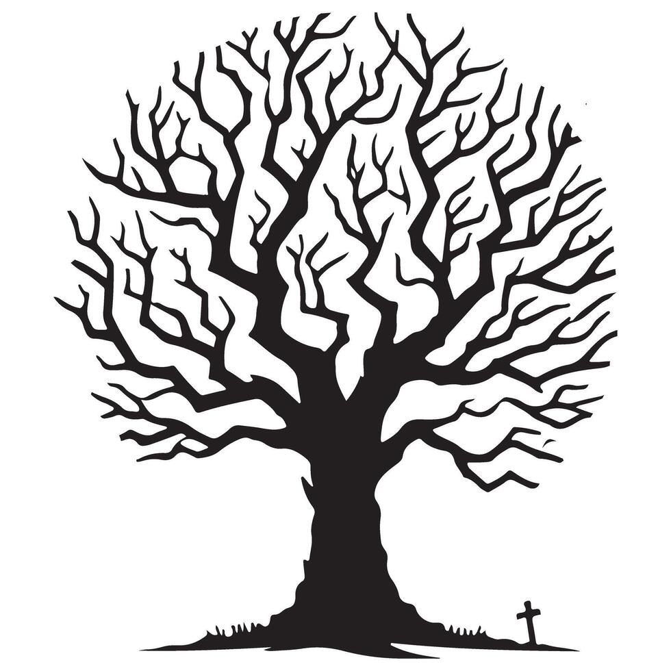Silhouette of an old spooky tree with a small grave vector