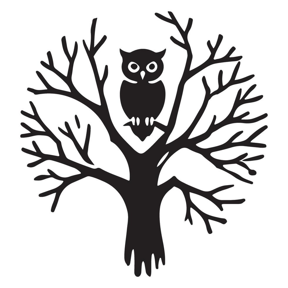 Wise Owl Silhouette Perched on Tree Branches Design vector