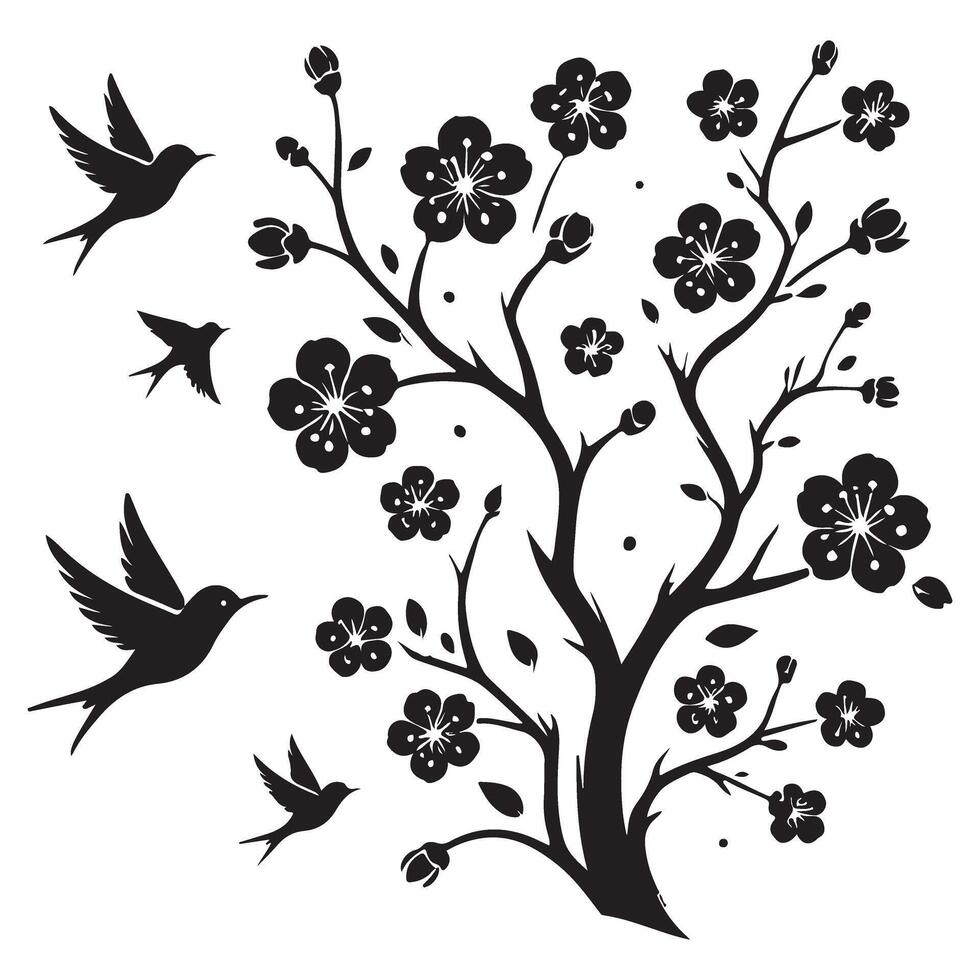 Elegant Cherry Blossom Tree with Flying Birds Illustration vector