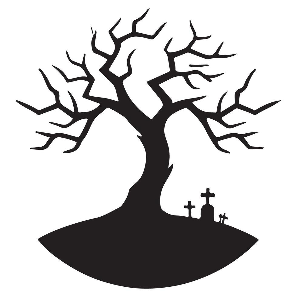 Spooky Silhouette Halloween Tree with Graveyard Scene vector