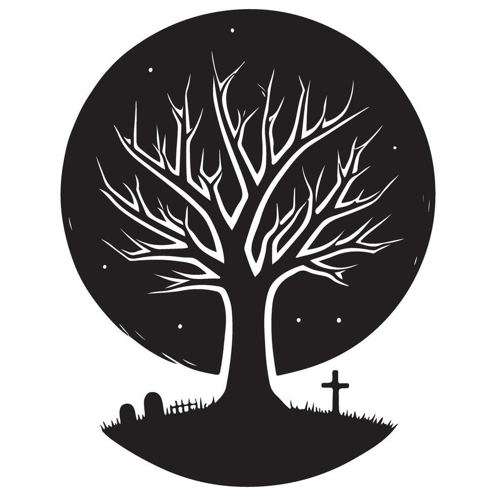 Silhouette of a Tree with Gravestones Night Time Illustration vector