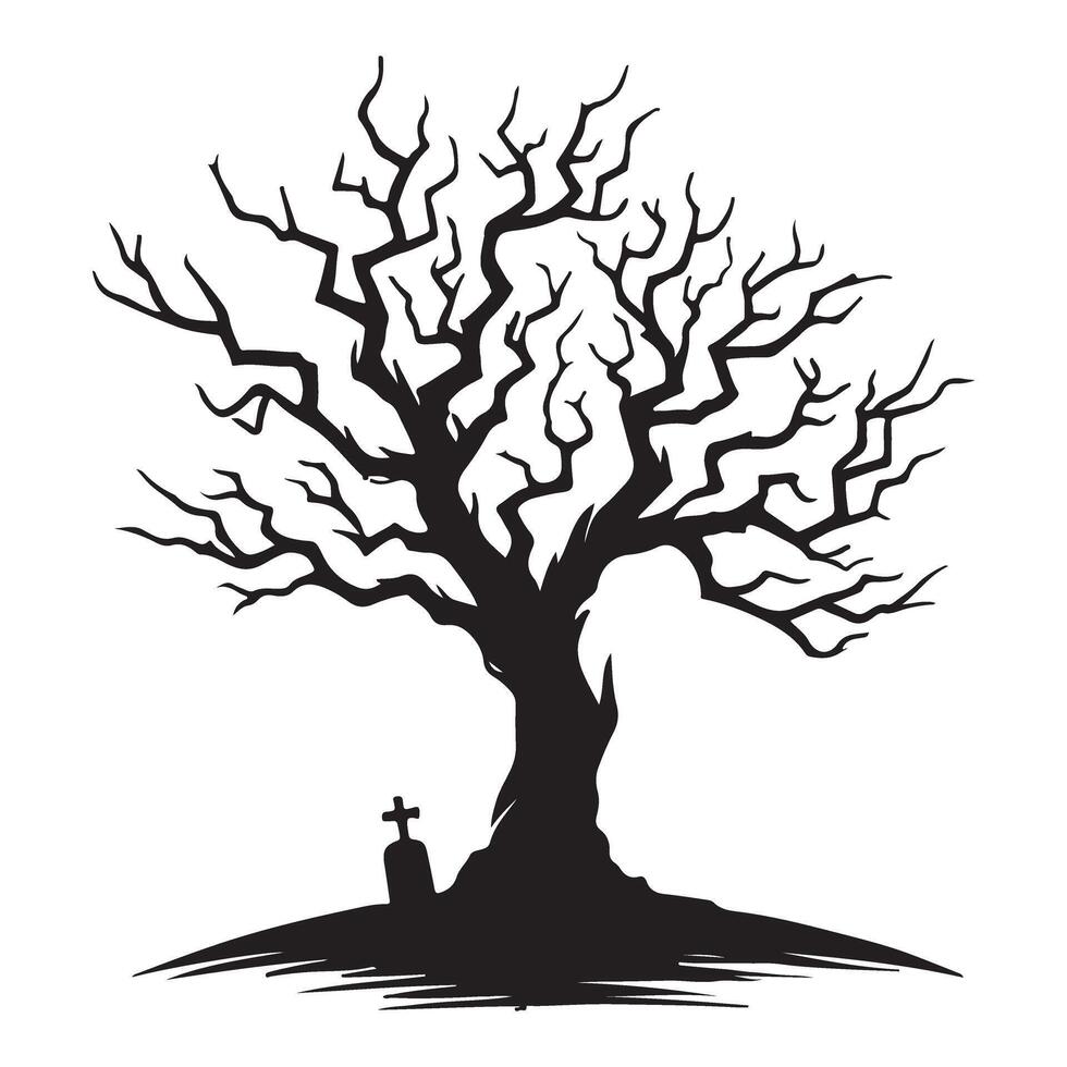 Spooky Dead Tree Silhouette Illustration with Tombstone Halloween Themed Design vector