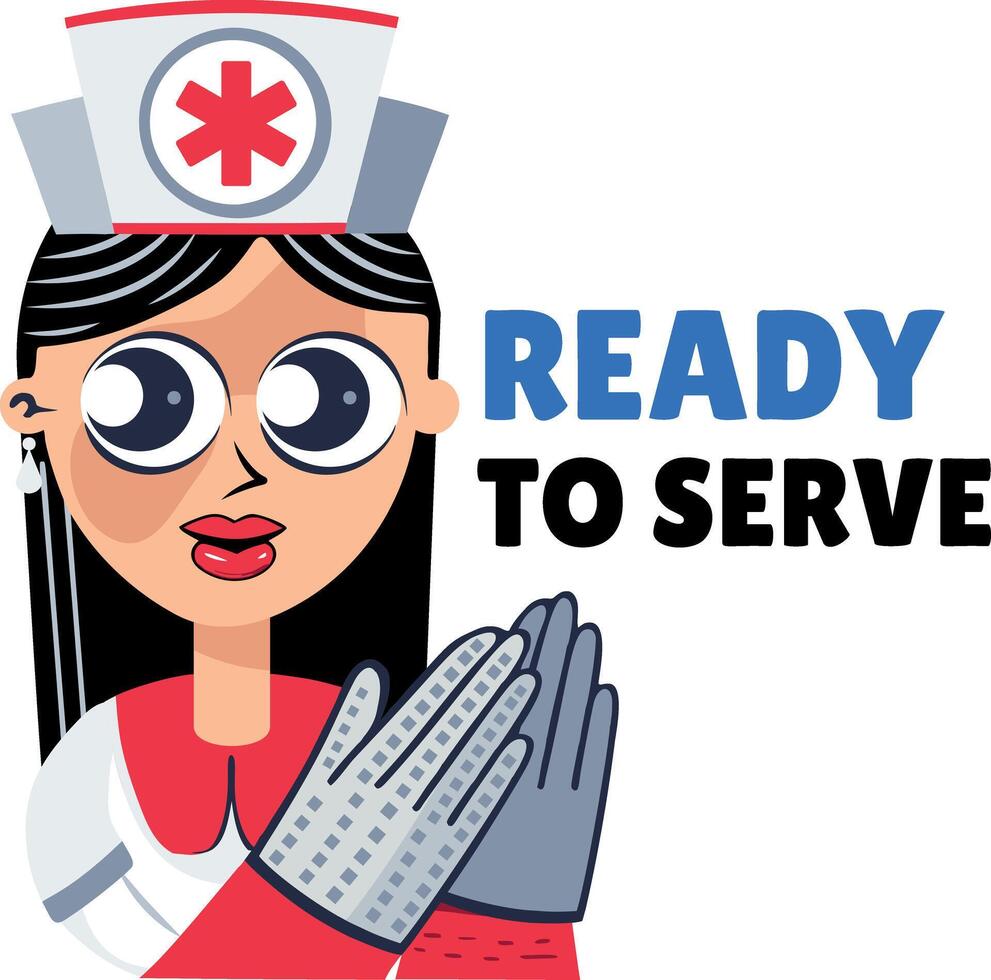 A flat sticker of a cute nurse with ready to serve typography vector