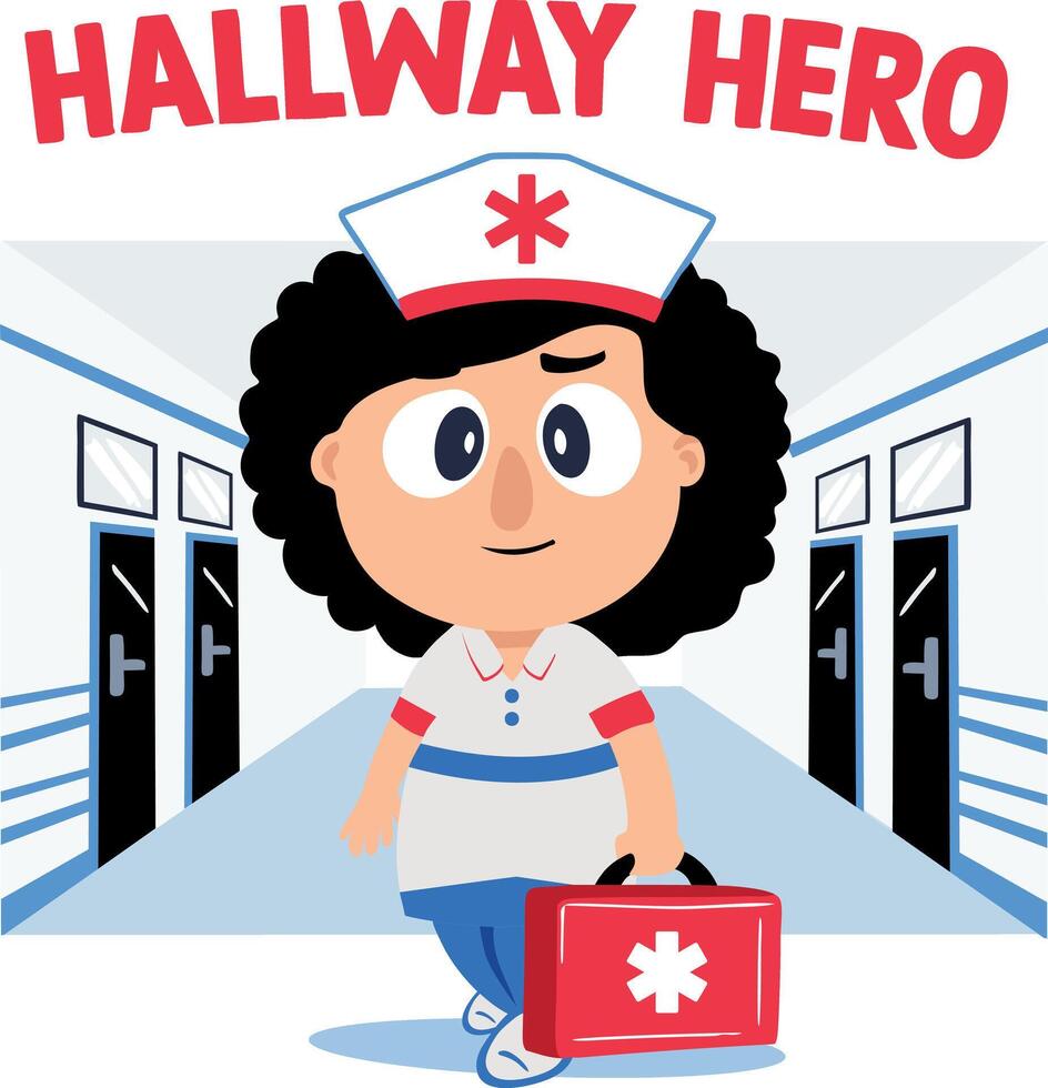 A flat sticker of a medical character with hallway hero typography vector