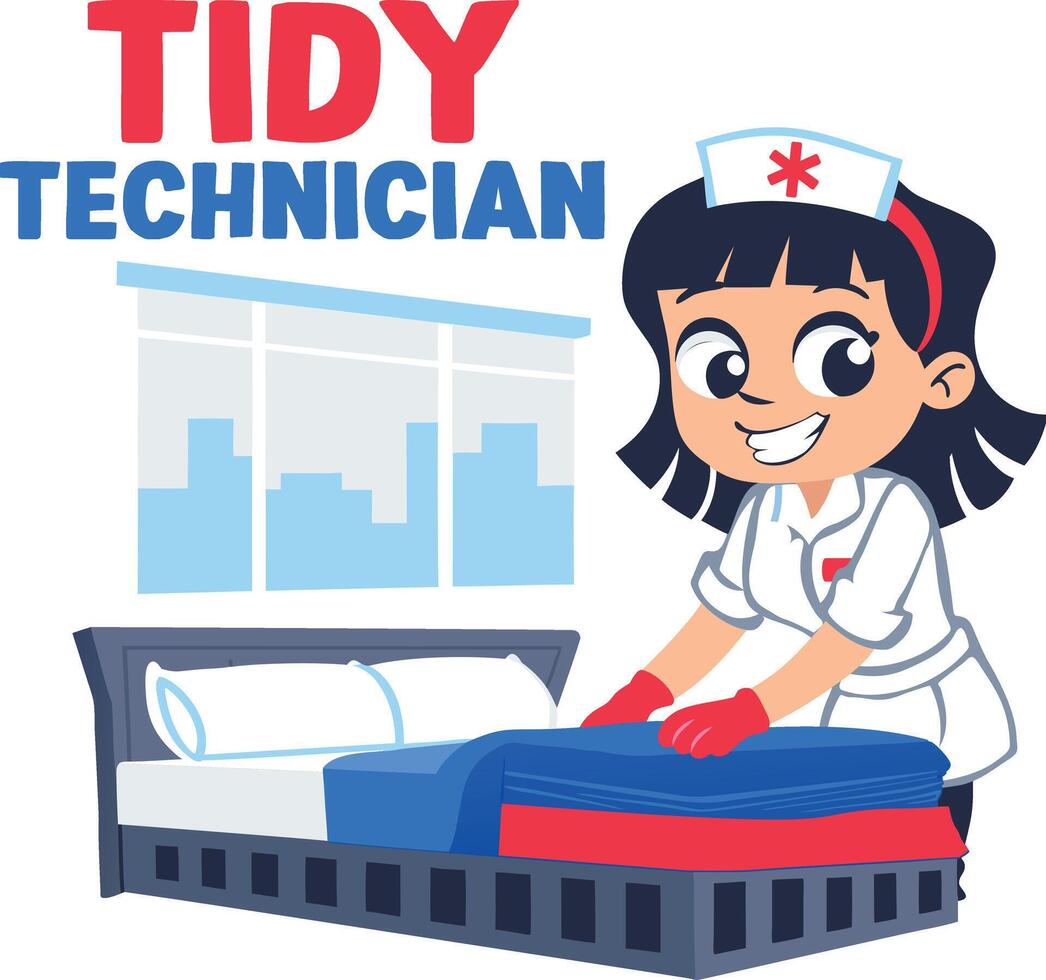 A flat sticker of a nurse setting hospital bed with tidy technician typography vector