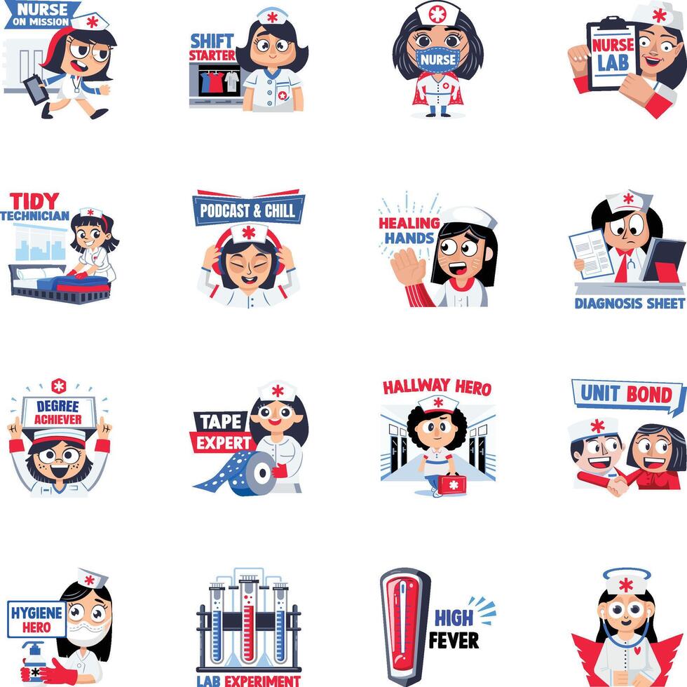 Set of Flat Style Nursing Life Stickers vector
