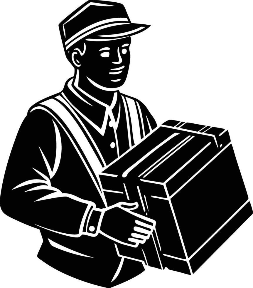 Modern Delivery Man Carrying Package for Courier Ads vector