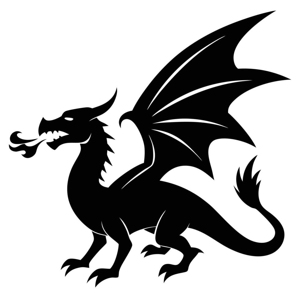 Roaring Dragon Breathing Fire in Silhouette Style vector