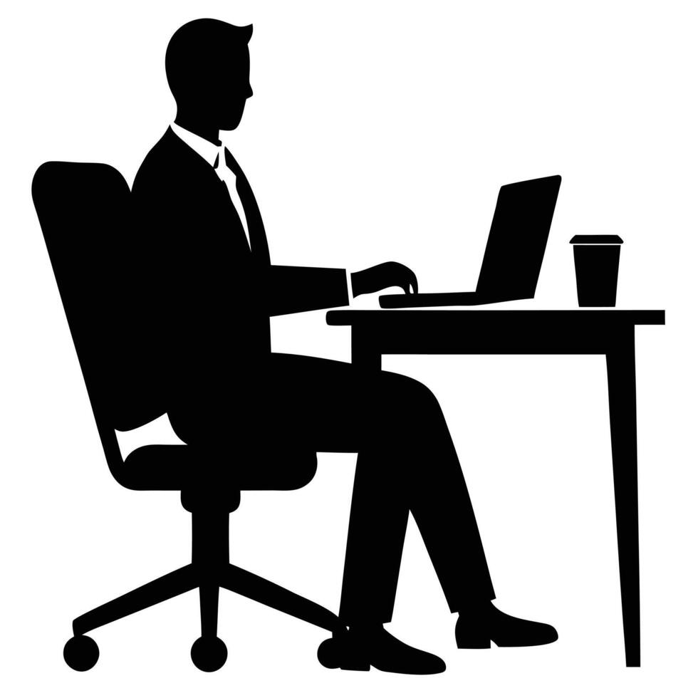 Remote Worker Sitting in Office Chair with Laptop Silhouette vector