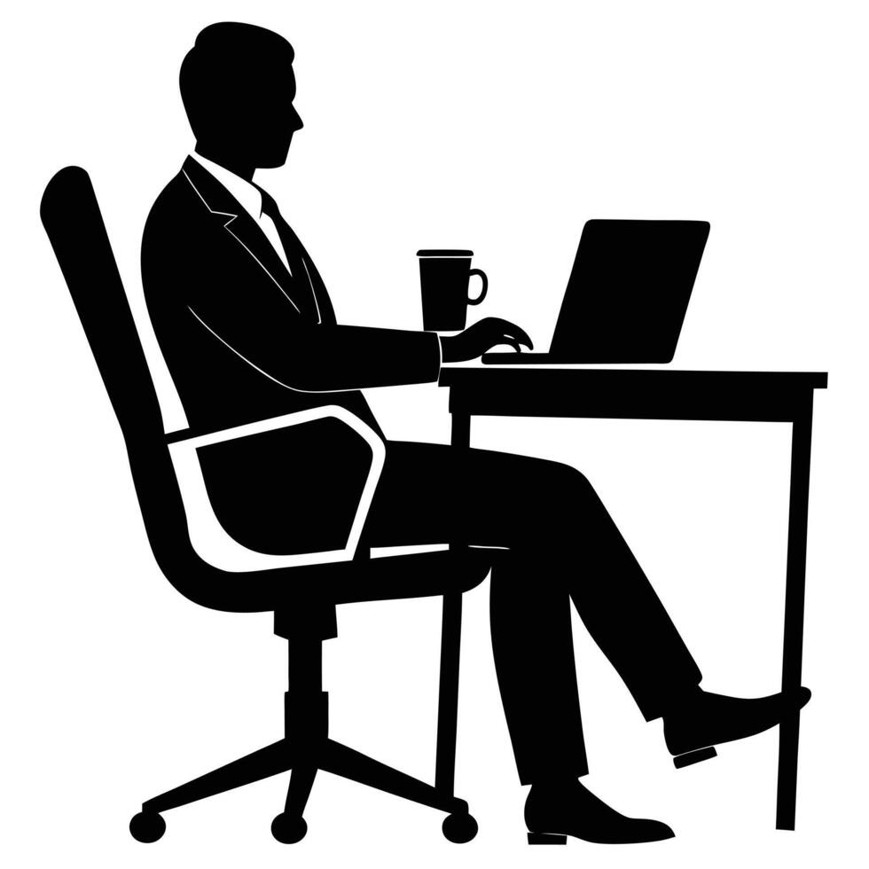 Freelancer at Work Sitting with Laptop at Desk Silhouette vector