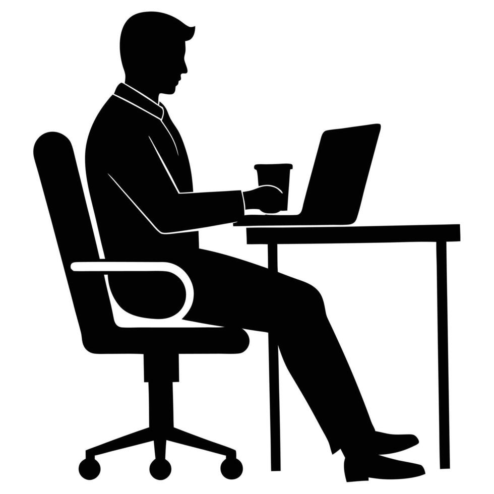 Entrepreneur Sitting at Office Desk with Laptop Silhouette vector