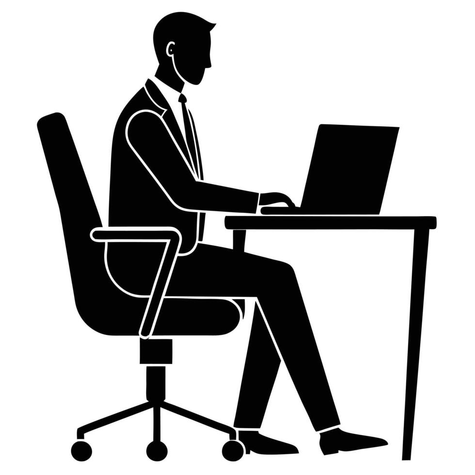 Employee Focused on Laptop at Work Desk Silhouette vector
